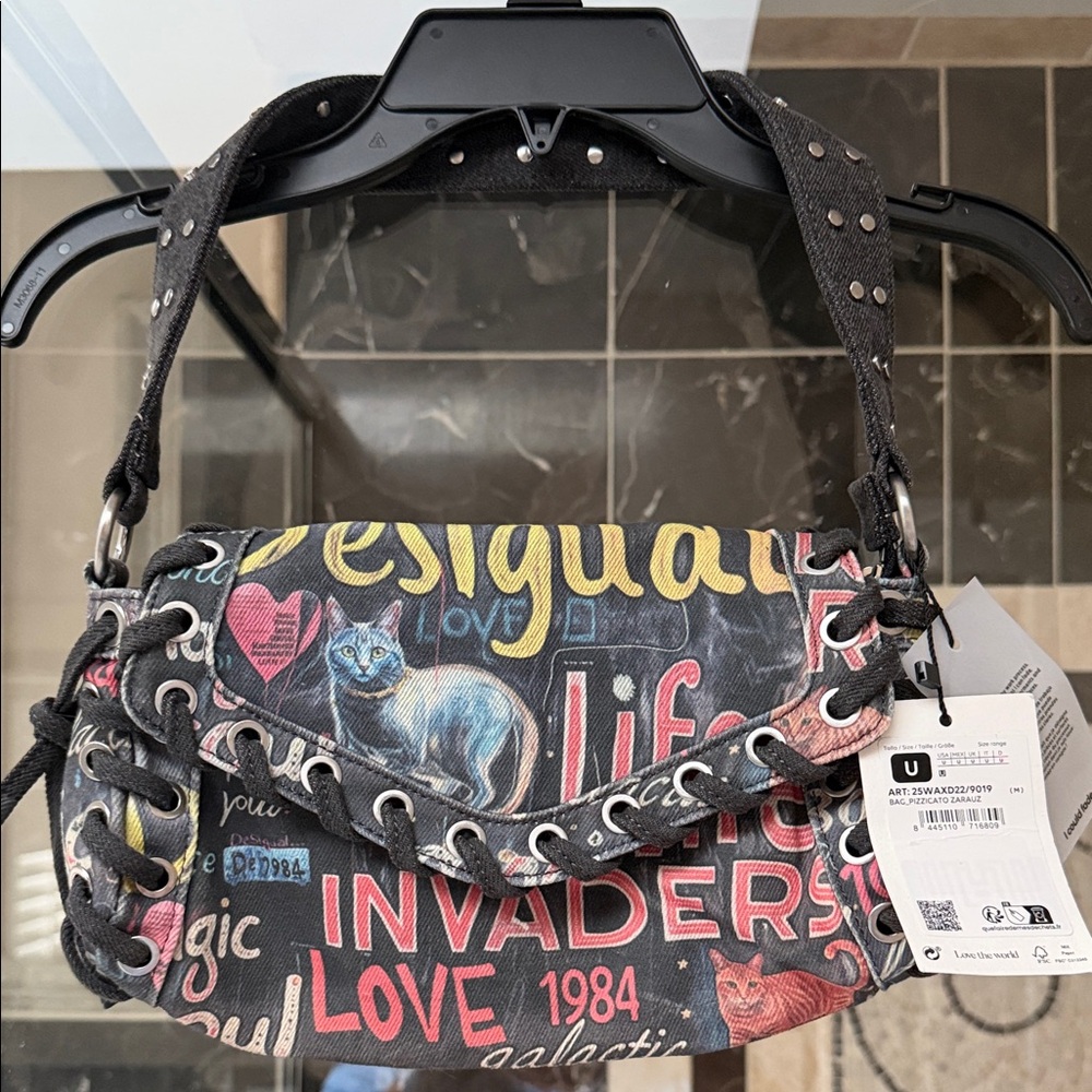 Desigual Black Multicolor Graphic Cat Shoulder Bag
